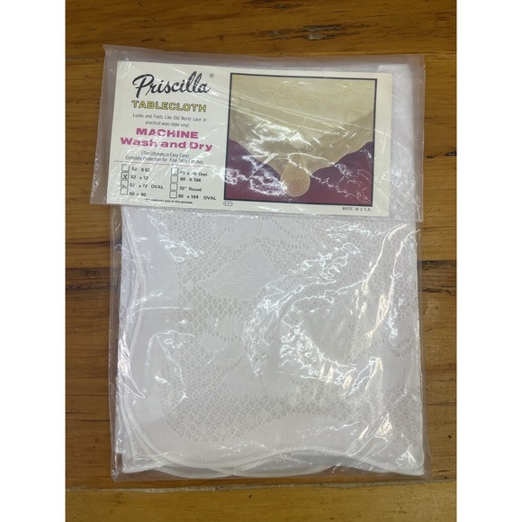 Vintage Priscilla Tablecloth White 52 x 72 Lace Vinyl New Wipe Clean Reusable - Picture 1 of 5